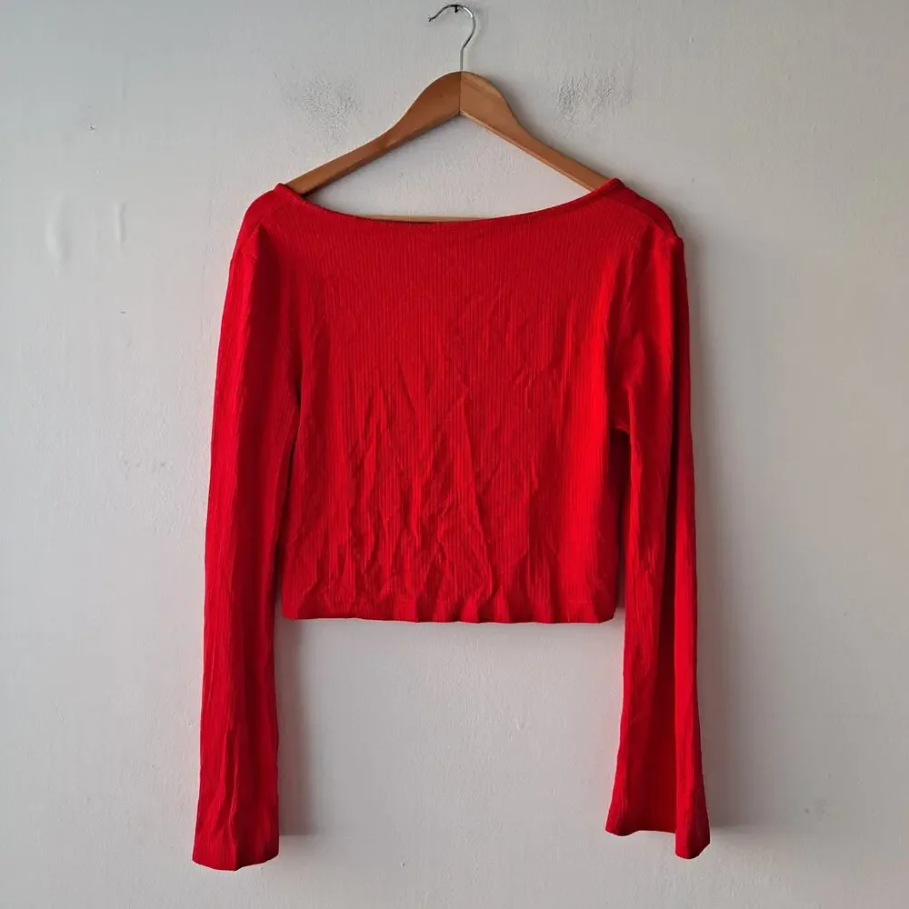 NWT OGL Soft Bell Sleeve Cropped Cardigan Wool Blend Ribbed Red Women's Size M